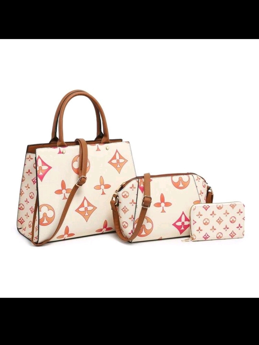 Designer-Inspired Cream & Pink Patterned Women’s Handbag Set